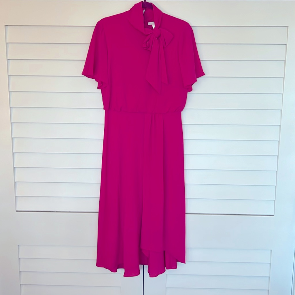 Pink Crepe Short Sleeve With Elastic Waist And Self Tie Scarf Neck Dress